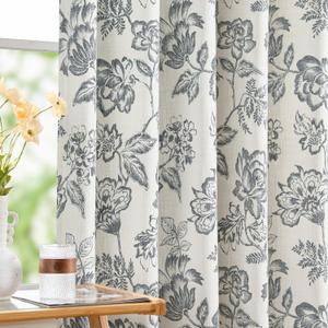 jinchan Floral Curtains Burlap Look Curtain 96 Inch Long Faux Linen Black Flower Patterned Drapes for Living Room Light Filtering Farmhouse Curtain Rod Pocket Window Curtains for Bedroom 2 Panels, Flora Black on Off White