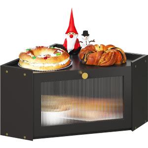 Corner Bamboo Bread Box for Kitchen Counter Large Capacity Rustic Bread Storage Container with Wavy Arcylic Transparent Door Vintage Storage for Homemade Bread (Black)