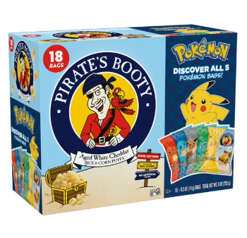 PIRATE'S BOOTY Pokémon Aged White Cheddar Rice & Corn Puffs, 0.5 oz Bags (18 Count), BB 01/26/2026