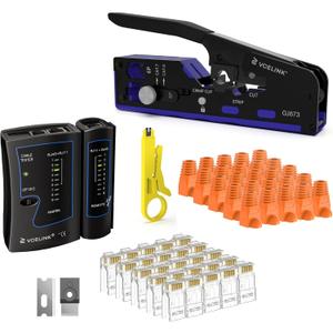 VCELINK RJ45 Crimp Tool Kit for CAT7/6A/6/5E/5, Upgraded Network Tool Set with an Ethernet Crimper, 25 RJ45 Connectors & Boots, Cable Tester, and Wire Stripper, Blue (No Cloth Bag Include)