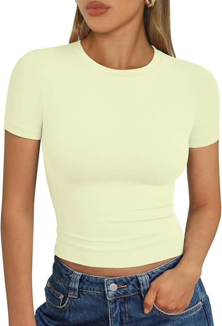 Trendy Queen Womens Short Sleeve T Shirt Buttery Soft Summer Tops Basic Tees (Yellow, M)