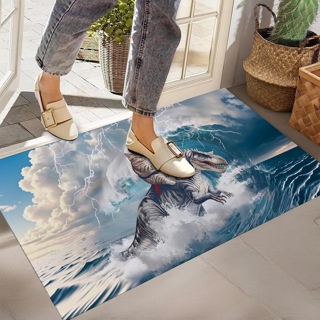 Cat Riding Dinosaur Indoor Doormat, Non-Woven Fabrics Non Slip Floor Mat 17x29.5 in Area Rug Quick Absorbent Entrance Rug Front Door Mat, Welcome Mats Entryway Rug Doormats for Kitchen Home