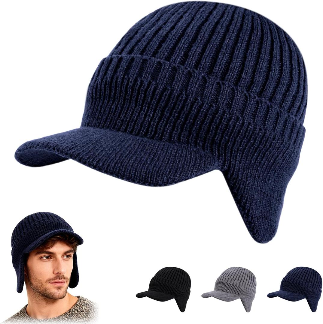 Cozy Head Beanie with Brim and Ear Flaps,Winter Knit Beanies for Unisex,Warm Ear Protection Knitted Hat Winter Beanie, Navy 