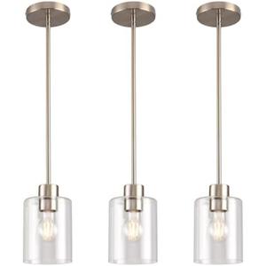 KLSS Brushed Nickel Pendant Lights Kitchen Island - Clear Glass Pendant Light Fixture Multiple Stems Rods 3 Units 12 Inch 3 Units 4 Inch (3 Pack Brushed Nickel)