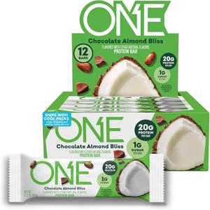 ONE Protein Bars, Chocolate Almond Bliss, Gluten Free with 20g Protein and 1g Sugar, Pantry Staples, 2.12 oz (12 Pack), Packaging May Vary, BBD 3/26