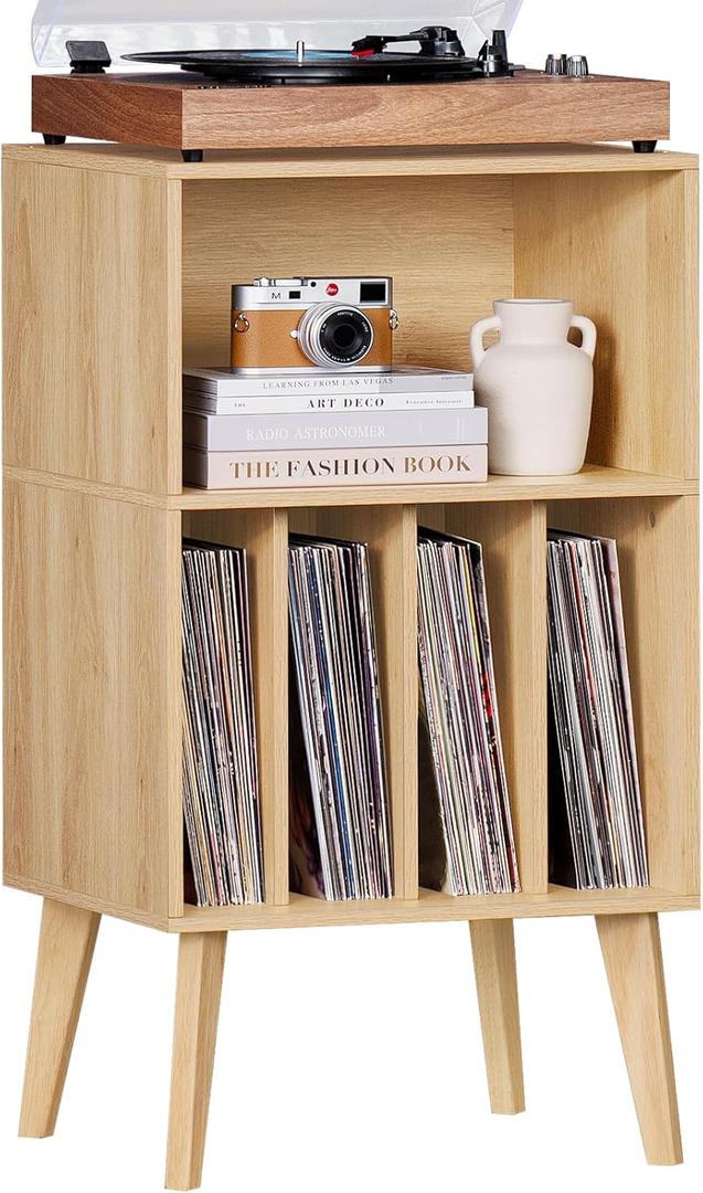 Lerliuo Record Player Stand, Burlywood Turntable Stand Holds up to 160 Albums, Mid-Century Vinyl Storage Cabinet Table with Solid Wood Legs, Record Player Holder Dispaly Shelf for Bedroom Living Room