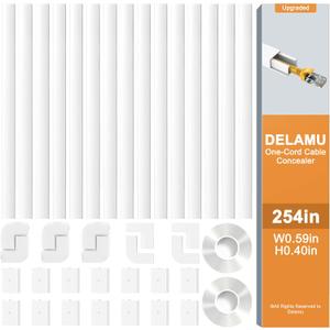 Delamu 254in Cord Covers for Wires on Wall, One-Cable Cord Hider, Cable Hider Wire Covers for Cords on Wall, Easy-to-Install Cables Cover Raceway, Cable Management Kit, L16.9in W0.59 H0.4in, White