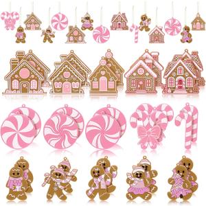 30 Pcs Pink Christmas Gingerbread Hanging Ornaments Pastel Gingerbread Ornaments Candy and House Soft PVC Christmas Tree Wall Hanging Decoration for Xmas Party Office Home Decor Winter