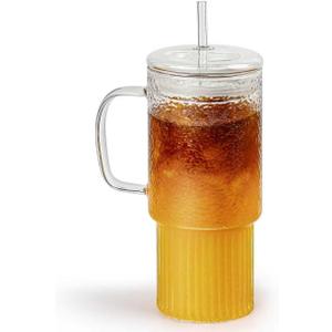32oz Glass Cups with Handle Lids and Straws, Borosilicate Glass Tumblers for Iced Coffee, Smoothies, Fruit Drinks. Reuseable Glasses Cups for Cold/Hot Water (glass lid 1 pack)