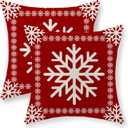 Christmas Pillow Covers - 20x20 Set of 2 Winter Snowflake Pillowcases - Red Throw Pillows - Farmhouse Holiday Linen Decorations - Outdoor Cushion Covers for Sofa Couch Home