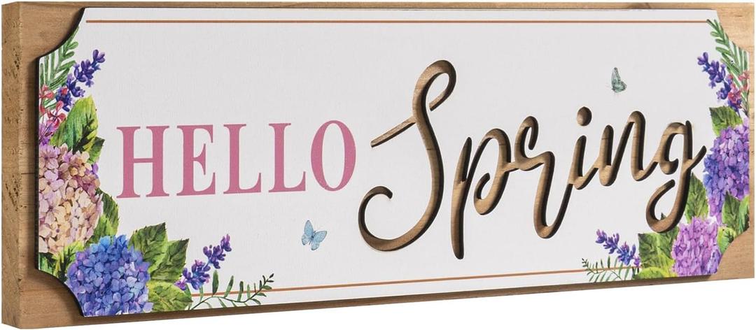 Layering Hello Spring Sign, Wooden Spring Wall Art Table Top Shelf Desk Mantel Home Decorations Indoor, March Seasonal Wood Bathroom Kitchen Living Room Office House Farmhouse Decor (white-1)