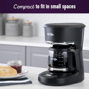 Mr. Coffee 5-Cup Programmable Coffee Maker, 25 oz. Mini Brew, Brew Now or Later, with Water Filtration and Nylon Reusable Filter, Black