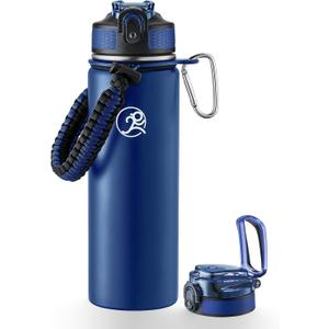 GOSWAG Insulated Sports Water Bottle, 24oz 2 Lids(with Straw/No Straw), Stainless Steel Water Bottles with Paracord Handle, Insulated Bottle with Double-Wall Vacuum Insulation