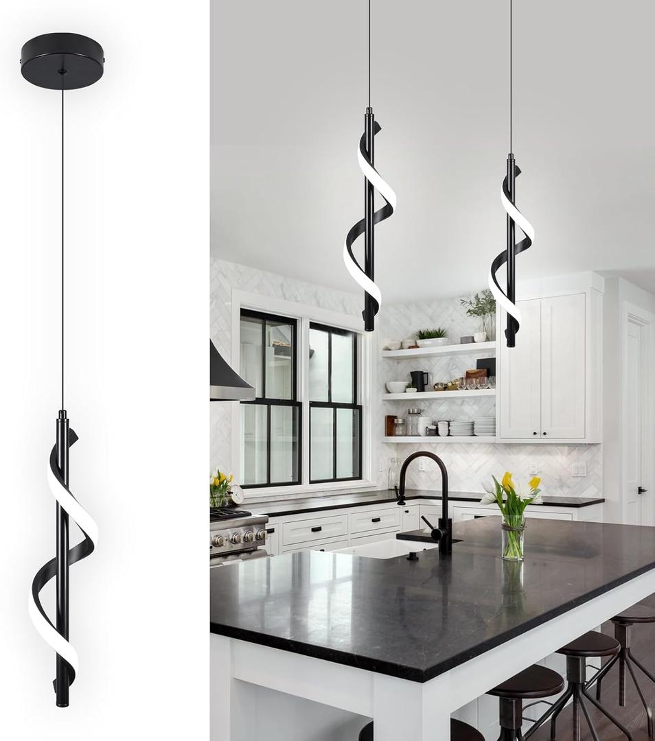 13W Modern Spiral Led Pendant Light Fixture, Cold White 5500K Minimalist Integrated LED Hanging Lamp, Adjustable Hanging Island Light Fixture For Bedroom Living room Kitchen Sink, 1 Pack (Black)