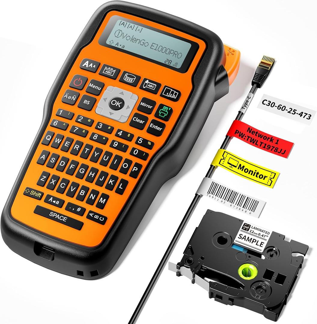 Label Maker Machine with-Tape, Heat Shrink Label Maker Waterproof-Labels, Wire Cable label Maker, E1000 Labeler Machine with-Tape 12mm Laminated Handheld Labeling Machine for Industrial Office