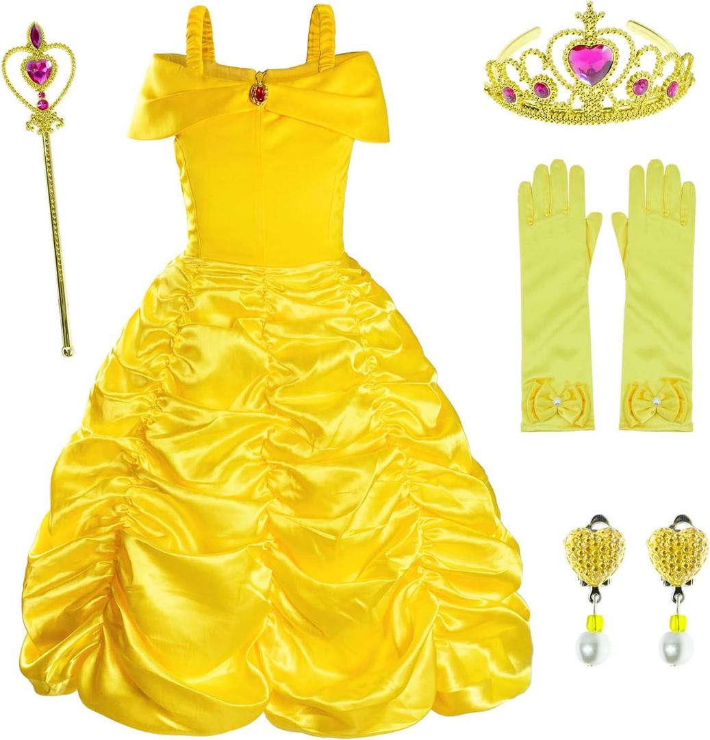 Princess Costume for Girls Birthday Party Fancy Dress Up with Accessories(Crown+Wand+Earrings+Gloves) (6-7 Years, Yellow)