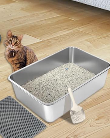 UWANGPET Stainless Steel Cat Litter Box,Odour Proof Litter Pan, Non-Stick, Easy to Clean, Rust Resistant, Non-Slip Rubber Feet