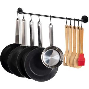 Wallniture 24" Gourmet Kitchen Rail for with 10 S Hooks for Hanging Utensils, Pot Pan Lid Rack Storage Organizer Set, Steel, Black