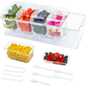 Taco Bar Serving Set for a Party, 5 Removable Compartments, Clear PP Tray, Large Ice Chilled Condiment Caddy Organizer with Components, Taco Bar Supplies for Taco/Nacho Bar, Salad, Fruits