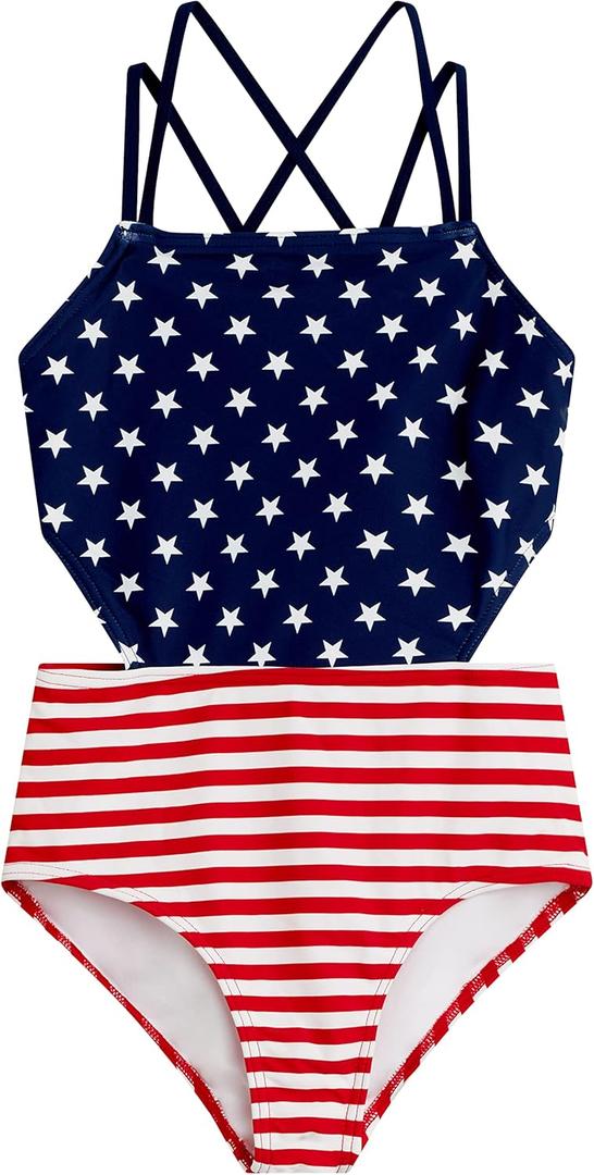 Kanu Surf Girls' Beach Sport Cut-Out One Piece Swimsuit (14, America Red/White/Blue)
