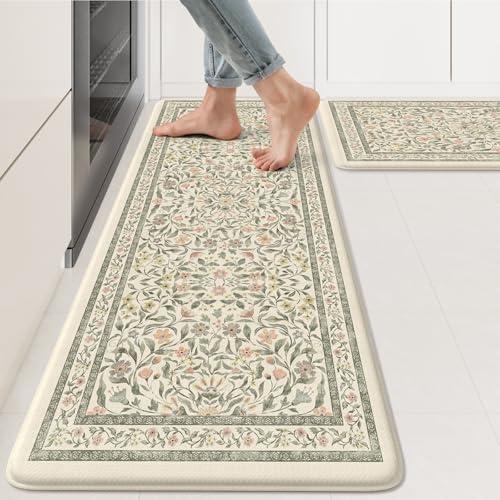 KIMODE Anti Fatigue Kitchen Mats for Floor, Boho Floral Kitchen Rugs , Cushioned Kitchen Floor Mats Non Slip, Comfort Rugs for Kitchen Floor Sink Laundry Desk Beige 17.3"x29 1 Pack, Beige Florals 
