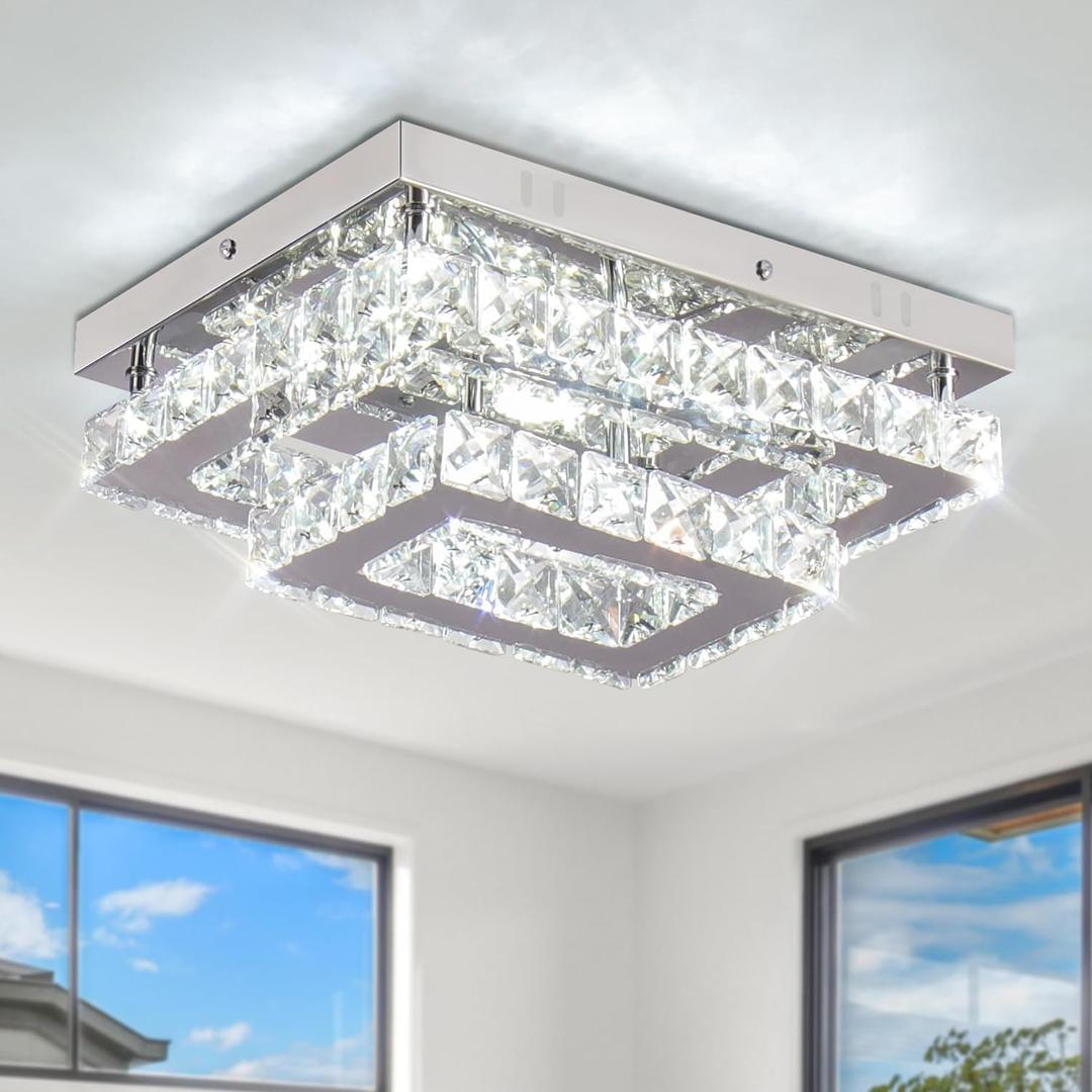 Finktonglan Crystal LED Flush Mount Ceiling Light, 11.8"9.1" Rectangular Close to Ceiling Light, 24W 6500K Cool White Daylight, K9 Crystal & Stainless Steel, Non-Dimmable