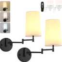HOXIYA DIMMABLE Battery Operated Wall Sconce, Swing Arm Rechargeable Wall Light Set of 2 with 3 Color Temperature Remote Light Bulb, Farmhouse Wireless Bedroom Lamps Wall Lighting for Indoor Hallway