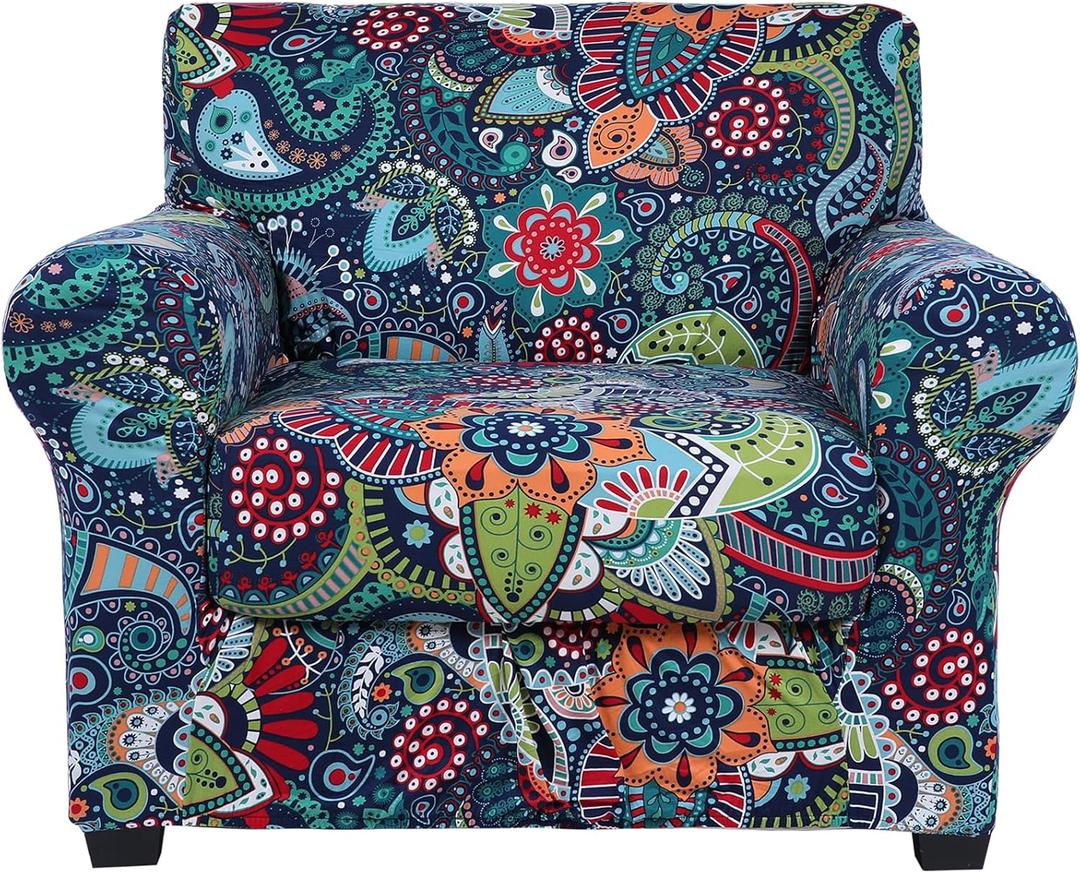 hyha Couch Covers, Chair/Sofa Covers, Floral Pattern, Stretch, Printed, 2 Pieces, Armchair Slipcover, Separate Couch Cushion Slipcover, Furniture Protector for Dogs(Armchair, Paisley Floral) (Small, Blue Green)