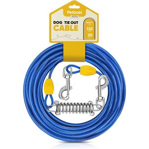 Petbobi Dog Tie-Out Cable 20ft - Heavy Duty Dog Lead Up to 120 lbs, Outdoor Leash Metal Cable with Shock Spring 360 Swivel Clips, for Yard Camping, Fit Small Medium Large Pets, Blue