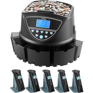 VEVOR Upgraded Coin Counter & Sorter, Coin Sorter and Wrapper Machine with Intuitive Display, Change Counter for USD Coins 1 5 10 25 $1, Sorts up to 300 Coins/Min, with 5 Coin Tubes and 5 Trays