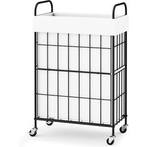 Slim Laundry Hamper, 60L Laundry Basket with Wheels, Clothes hamper with Removable Liner Bag (60L-1 Section, White)