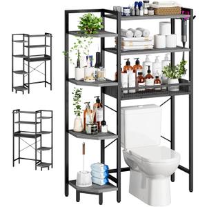 K1 Heavy Duty 7-Tier Over The Toilet Storage（with Basket and Paper Hook） Freestanding Above Toilet Shelf with Adjustable Feet，Space Saver Bathroom Shelves 9.3" D x 33.5" W x 63.8" H，Grey