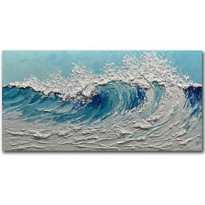 V-inspire Modern Ocean Wave Canvas Wall Art, 24 x 48 inches, Hand-Painted 3D Textured Oil Painting, Blue and White