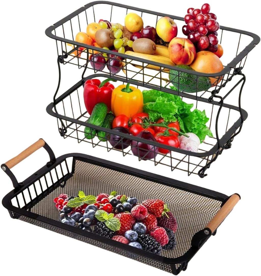 Fruit Organizer, 3-Tier Kitchen Basket, Large 3-Layer Counter Rack, Banana Hanger Bowl Holder, Metal Food Storage Tier for Vegetable, Snack, Bread, Produce, Pantry, Farmhouse, Restaurant