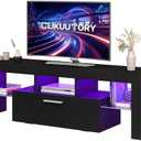 Clikuutory Modern Lighting 51 inch TV Stand with Large Storage Drawer for 32 40 50 55 Inch TVs, TV Console with 20 Color LED Lights, Entertainment Center Media and Open Shelf for Bedroom, Black
