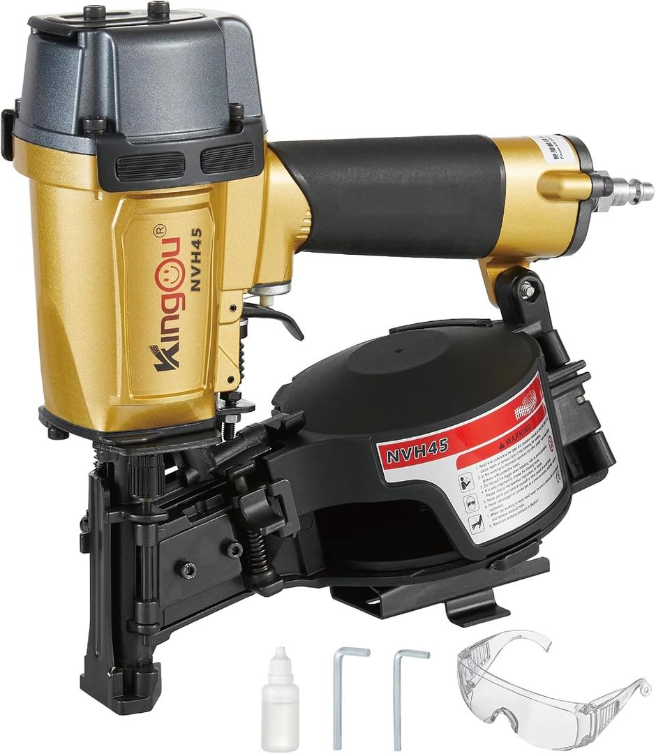 Kingou NVH45 Roofing Nailer Gun For Roofing Constructions Accepts 7/8-Inch to 1-3/4-Inch Nails 15 Degree With 3/8 NPT Air Connector 120-pcs Load Capacity Roofing Nailer