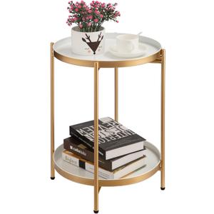 HollyHOME 2-Tier Round Gold Side Table, Outdoor Small Folding Accent Stand with Removable Tray, Anti-Rust Metal Asional Table for Balcony Patio Living Room, Nightstand for Bedroom(Gold&White)