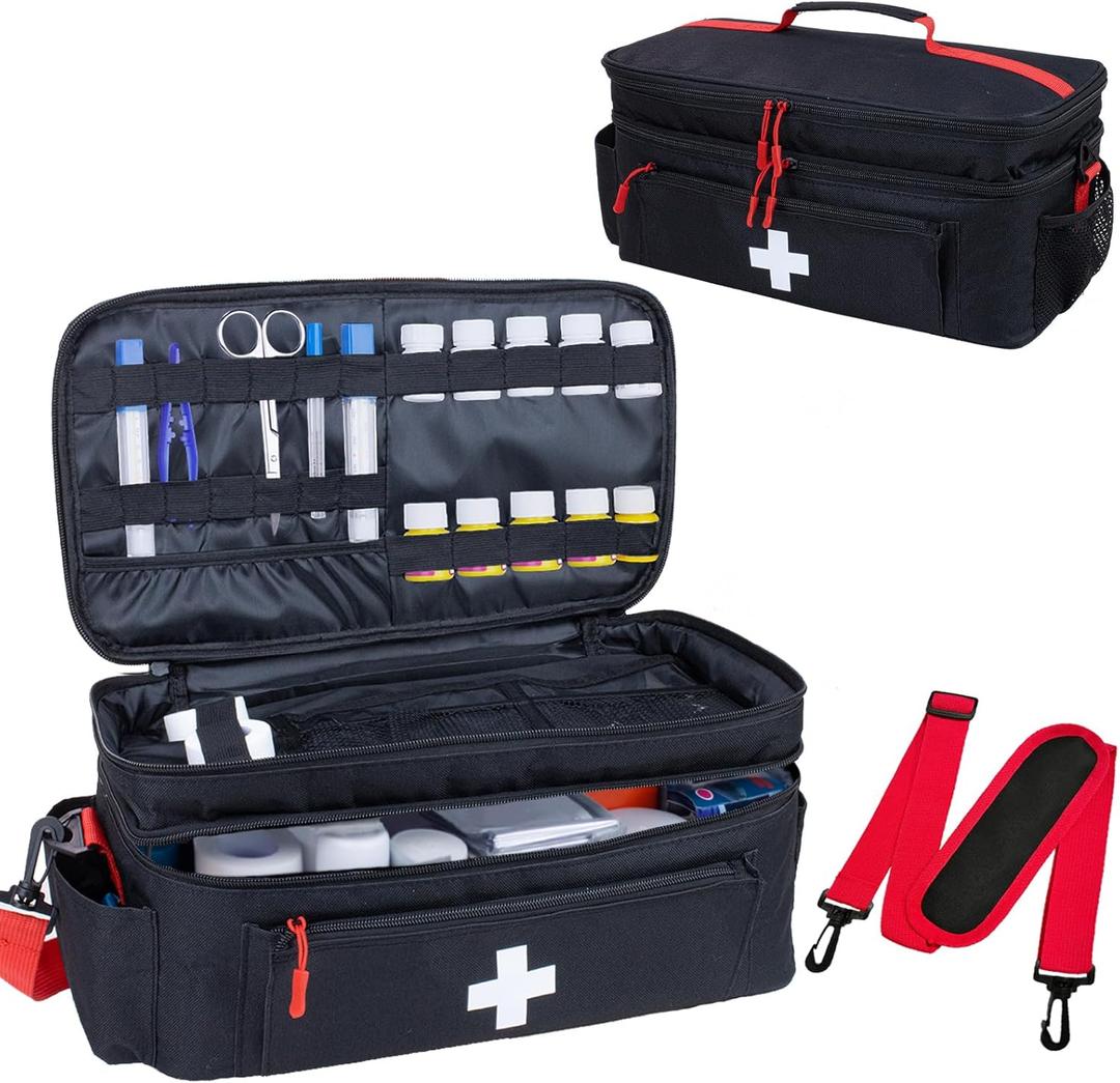ALSLEA First Aid Bag Empty Large Medical Bag with Shoulder Strap 16x 9.5 x 7 Medicine Organizer Travel First Aid kit Emergency Supplies Storage Bag for Car, Home, Office, Outdoor (Black)