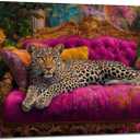 Cheetah Lying On Pink Sofa Canvas Wall Art Eclectic Leopard Wall Decor Pictures Maximalist Animal Portrait Poster Prints for Living Room Home Bedroom Home Decoration 24x36in Ready to Hang