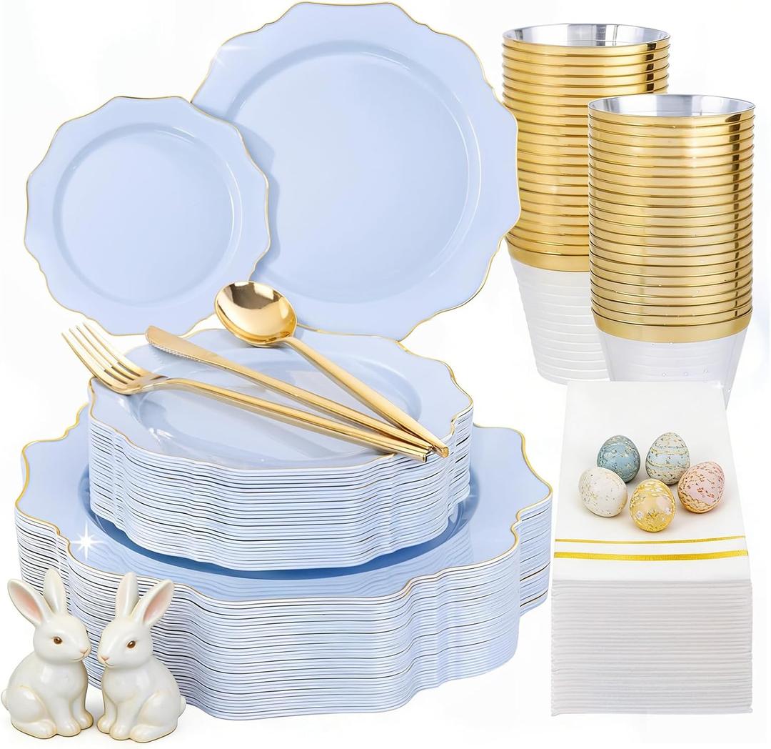 WDF 175Pcs Blue Plastic Plates - Heavy Duty Baby Blue Plates Disposable - 25Guests Plastic Dinnerware Ideal for Parties/Wedding/Baby Shower/Easter (Bule and Gold)