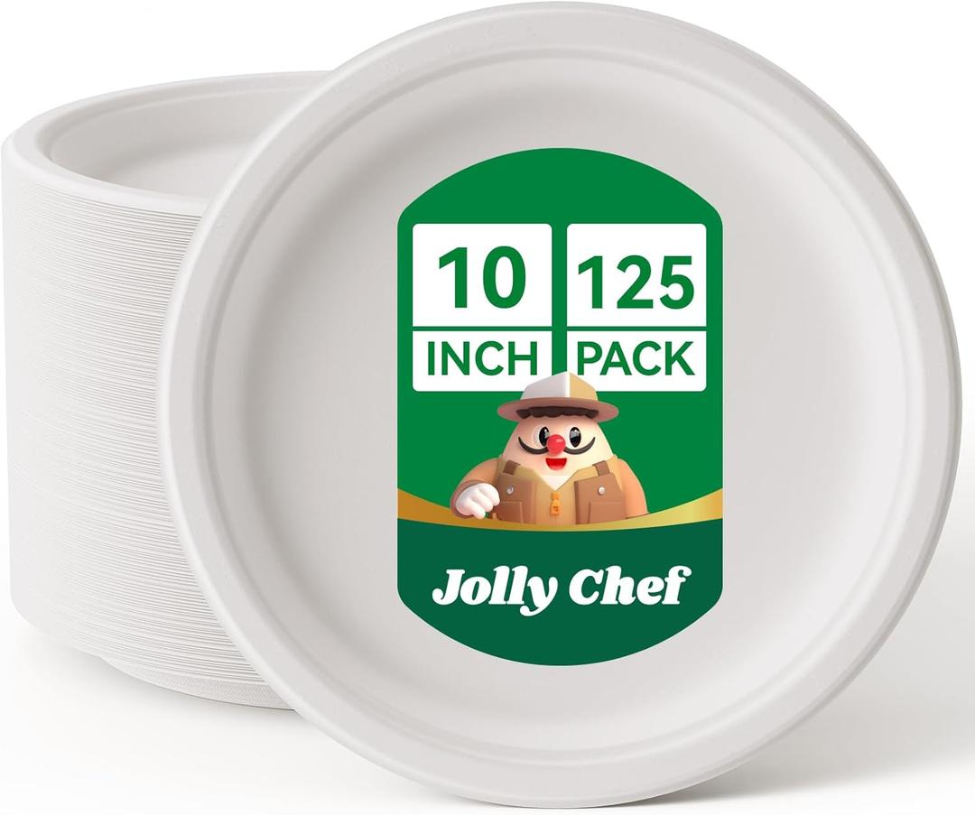JOLLY CHEF Compostable Heavy Duty Plates [ ] Eco-Friendly Disposable White Paper Plates Made of Bagasse Biodegradable for Party Dinner Sugarcane Fibers Thanksgiving Day (125 Count (Pack of 1)