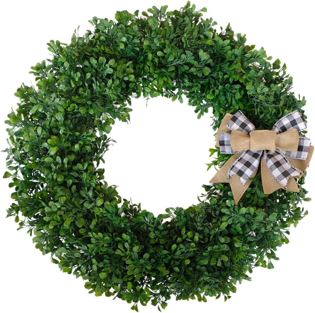 24 Inch Spring Green Wreath Artificial Boxwood Wreath with Burlap Bow - Farmhouse Front Door Wreaths for Year-Round Indoor/Outdoor Window Fireplace Decor Wedding Party Festive Decor