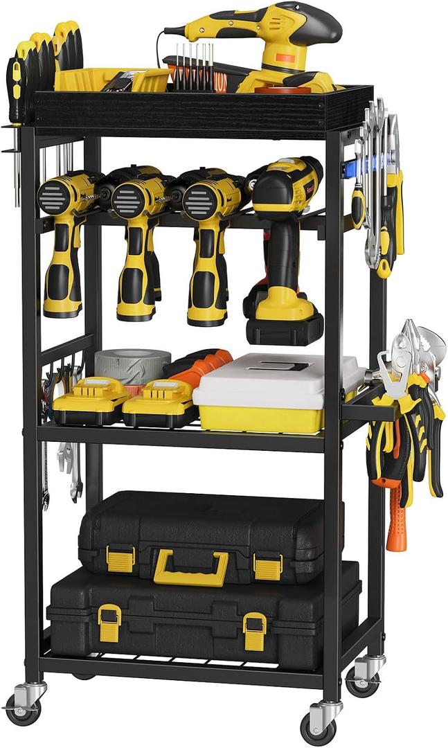 Snughome 4-Tier Tool Organizer Cart with Magnetic Tool Holder Strip, Tool Rack for Garage 300 lbs Heavy Duty Utility Rack for Workshop, Rolling Power Drill Holder & Tool Storage Cart, Gift for Men