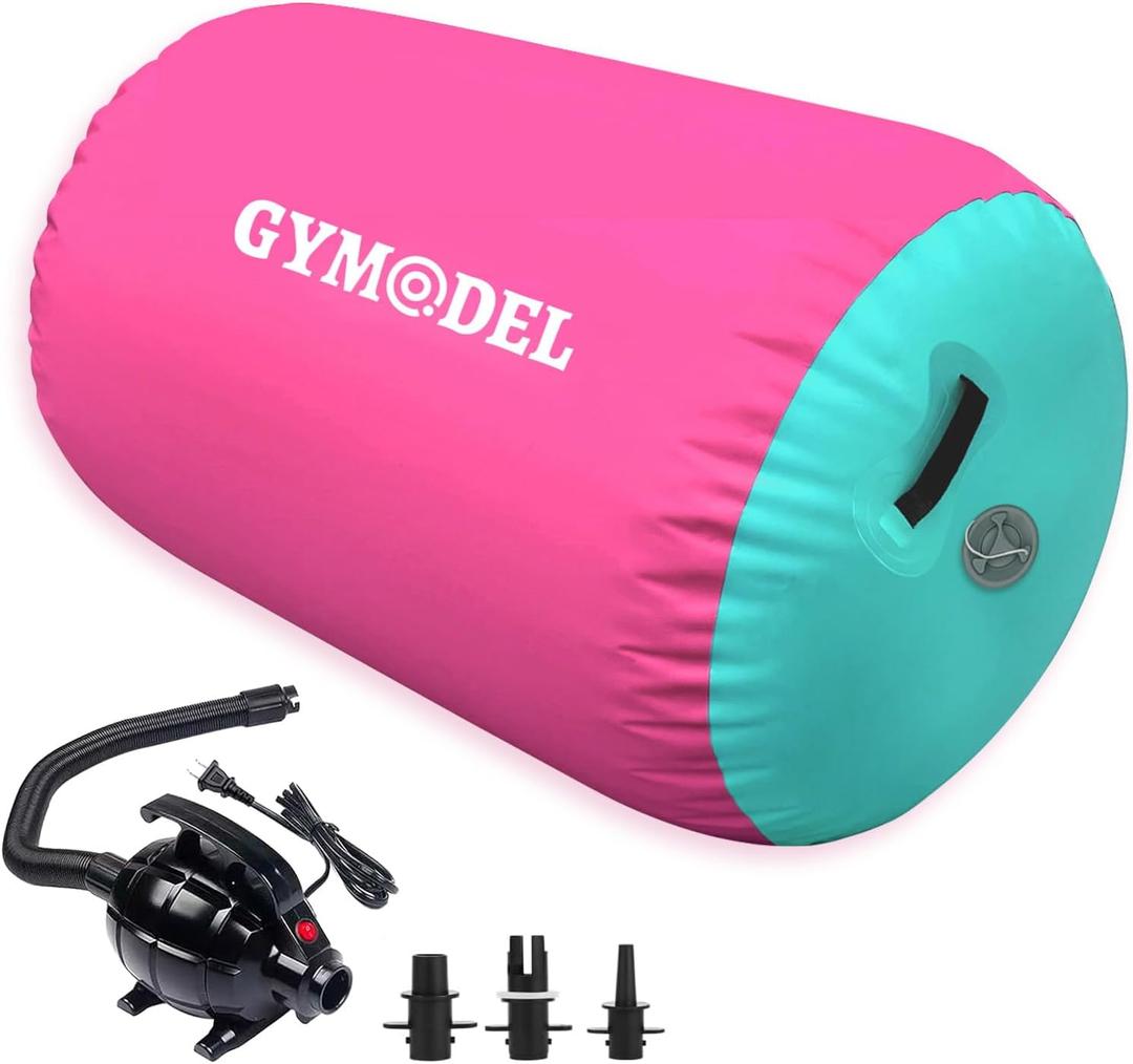 Air Roller Gymnastics Barrel Inflatable Tumbling Roller Air Mat, Air Barrel Gymnastics Tumble Track Mat with Pump for Backhandspring/Training Cheerleading/Yoga/Home and Outdoor Use (32inch*24inch-have pump, Pink with green)