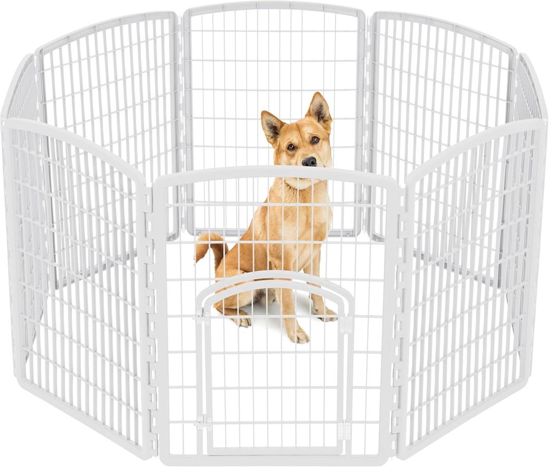 IRIS USA Dog Playpen, 8-Panel 34" Pet Playpen with Door, Puppy Playpen, Indoor/Outdoor Dog Pen, 63 x 63 x 34, Foldable, Customizable, White