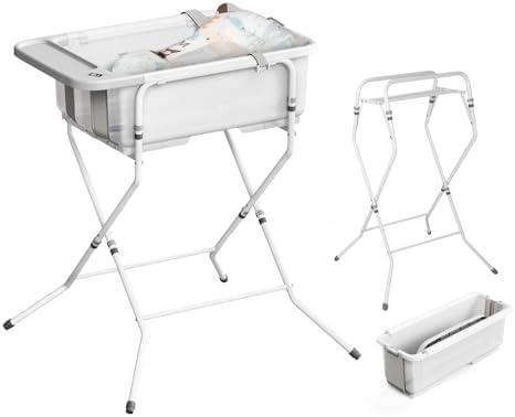 Collapsible Baby Bathtub with Stand - Large Capacity Baby Bath Tub with Thermometer & Soft Cushion | Portable Travel Newborn Infant Bathtub | Foldable Toddler Bathtub for Baby 0 to 36 Months