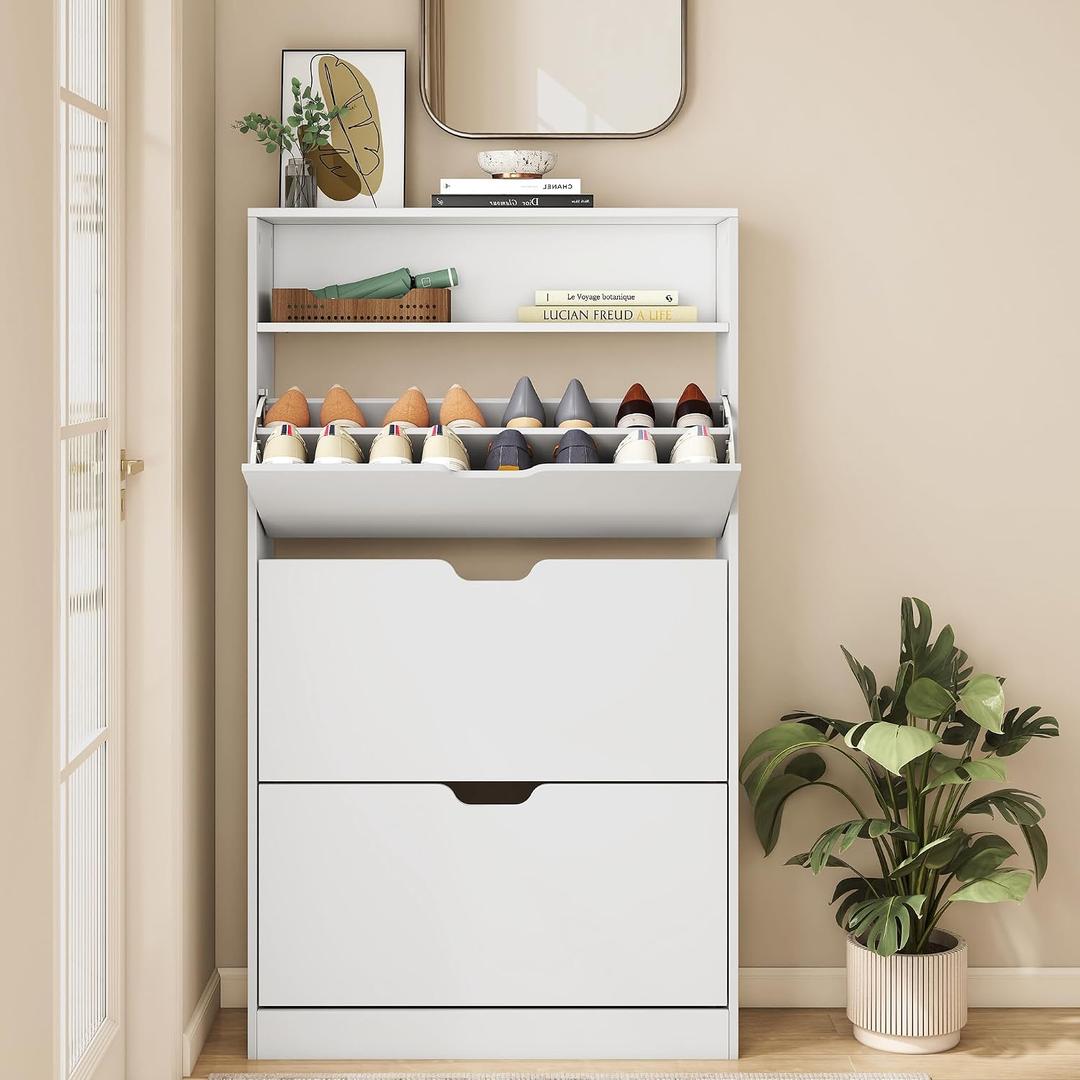 VASAGLE Custos Collection - Shoe Cabinet, Shoe Organizer, Open Compartment, Adjustable and Removable Dividers, 3 Flip Drawers, 9.4 x 31.5 x 54.5 Inches, for 21-24 Pairs, Cloud White ULBC043WB01