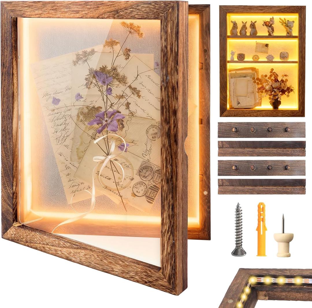 Shadow Box 14x11 Brown Picture Frames Display Cases with LED Light,Memory Keepsakes Boxes with 4 Removable Trinket Shelf,for Anniversary Wedding Baby Graduates Memorial Collect Deep Brown