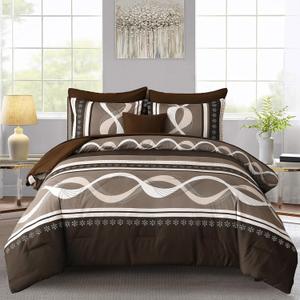 Brown Comforter Set Queen Size, 8 Pieces Bed in a Bag Patchwork Striped Comforter Set, Soft Microfiber Boho Bedding Set for All Season(90"90")