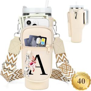 Personalized Water Bottle Holder with Strap for Stanley Cup Accessories 40 oz Tumbler, Initial Water Bottle Carrier Bag W/ Phone Pocket, Ideal Thanksgiving/Christmas/New Year Gifts for Women/Girls (Cream)